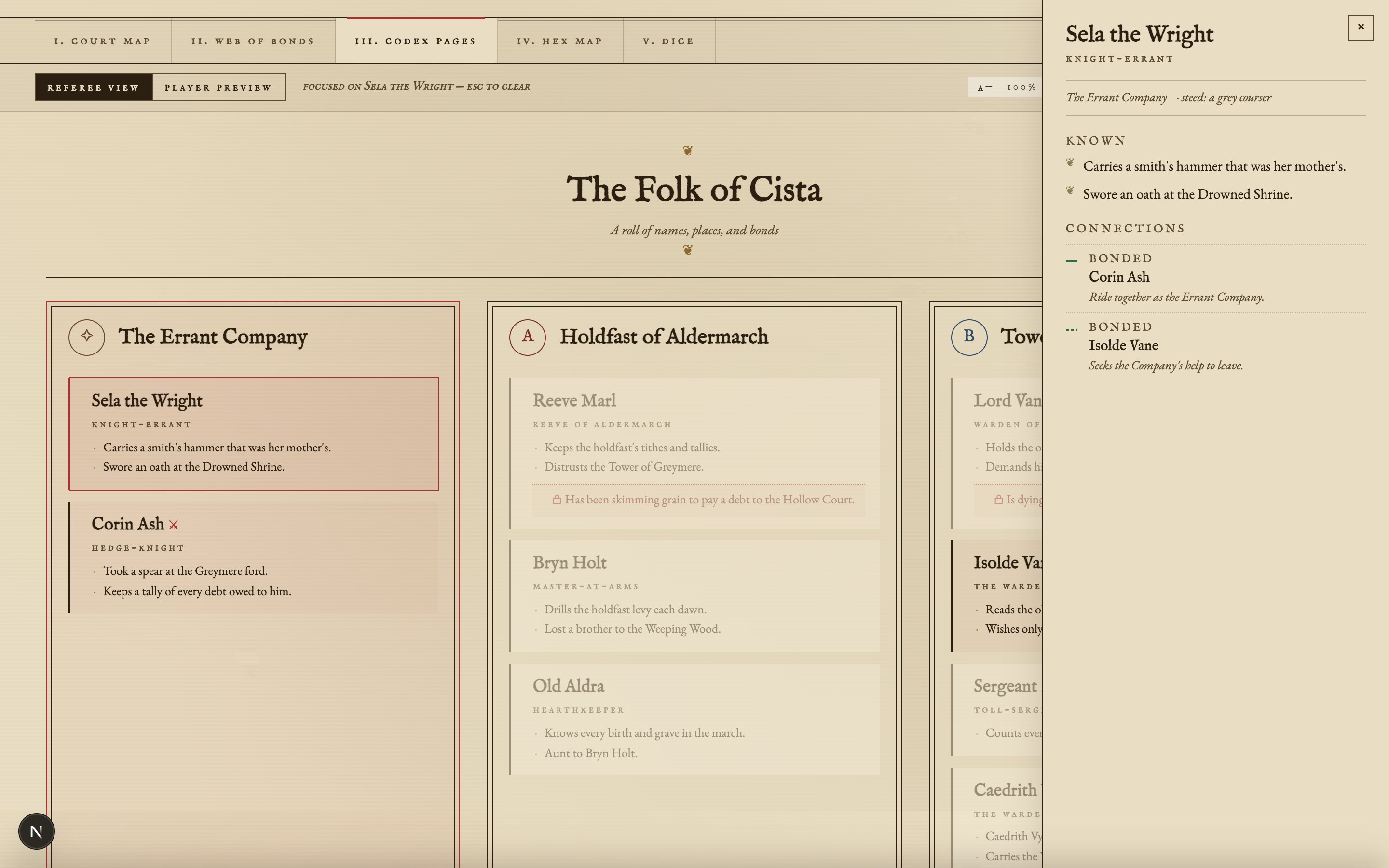 The Codex Pages view: character cards grouped by faction, with a detail drawer open.
