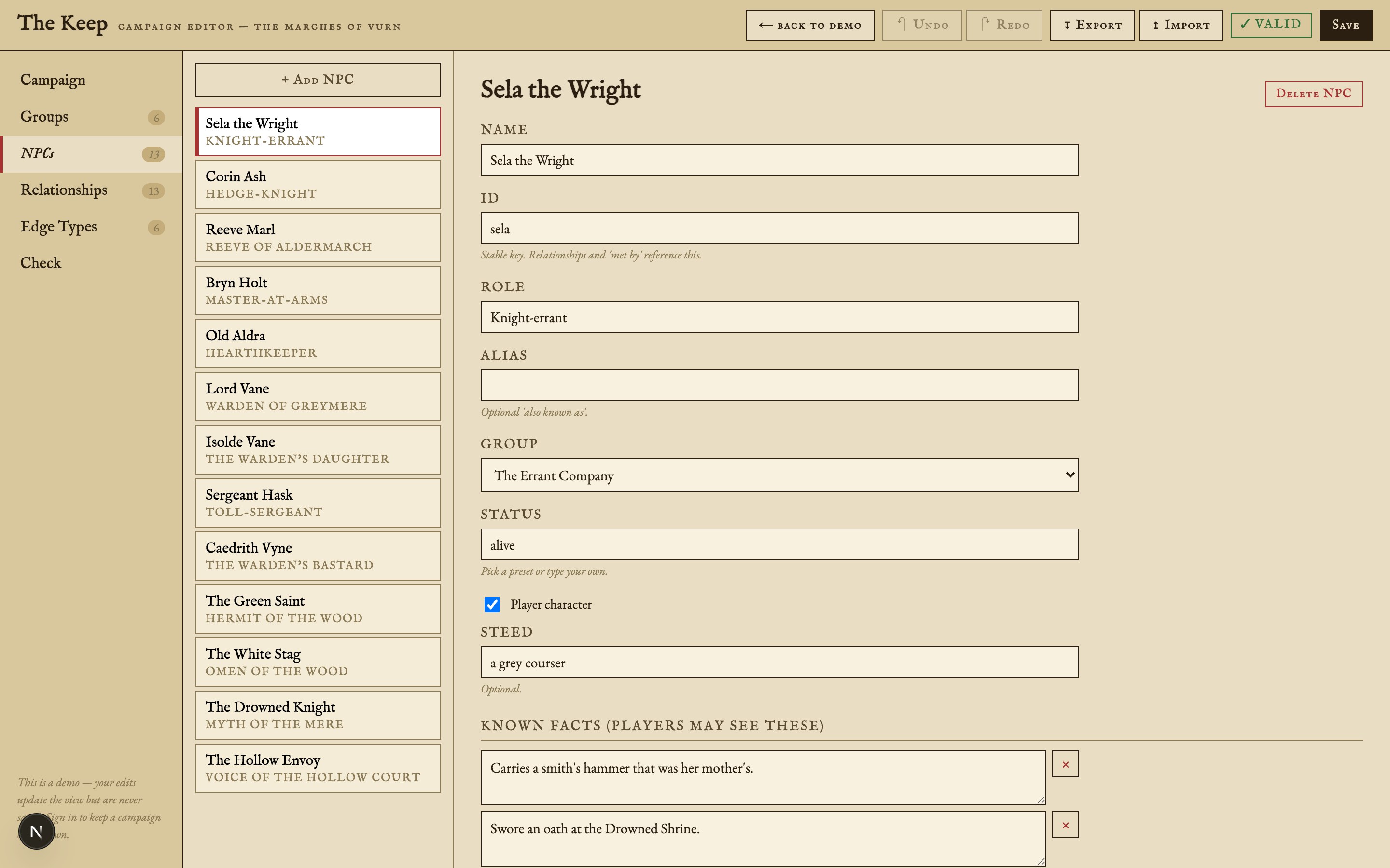 The campaign editor, showing the NPC list and a character's edit form.