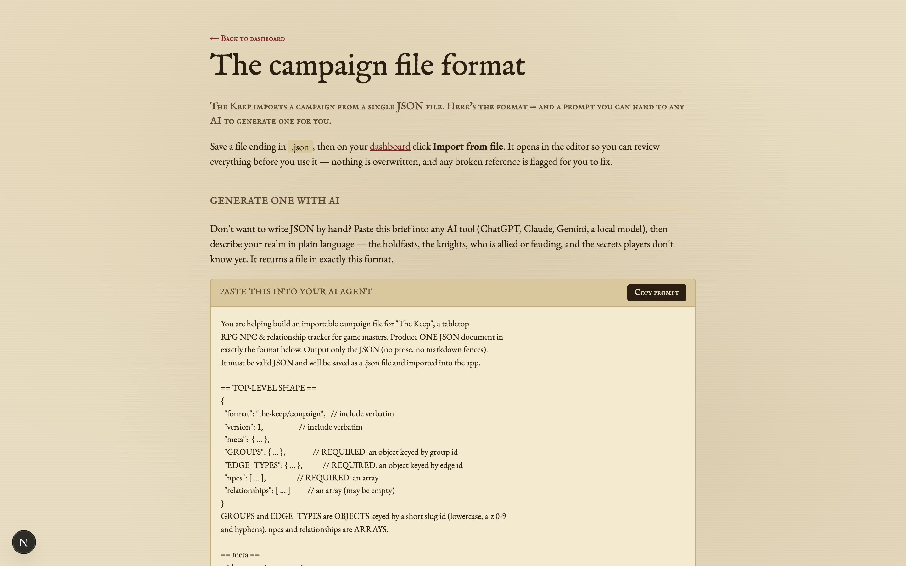 The campaign file format guide — the documented JSON shape plus a copy-paste prompt for an AI agent.