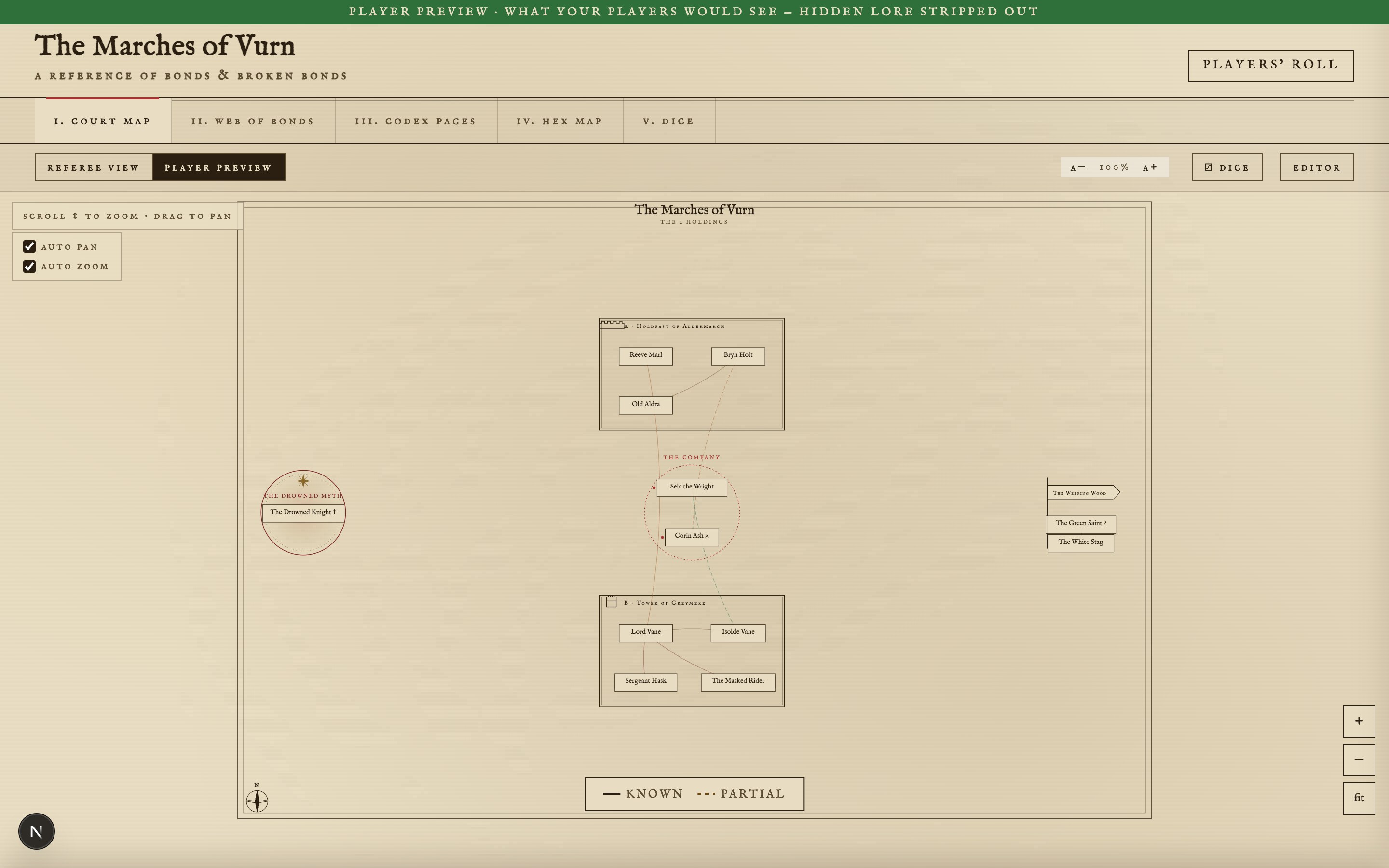 The player-preview of the Court Map, with hidden lore stripped out and a banner reading 'what your players would see'.